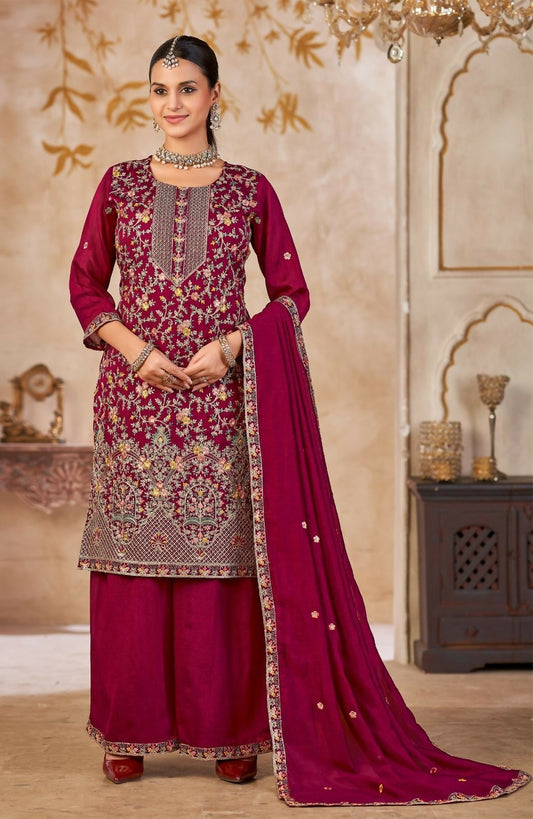 Anaita Maroon Vichitra Silk Readymade Palazzo Suit with Embroidery & Lace Work