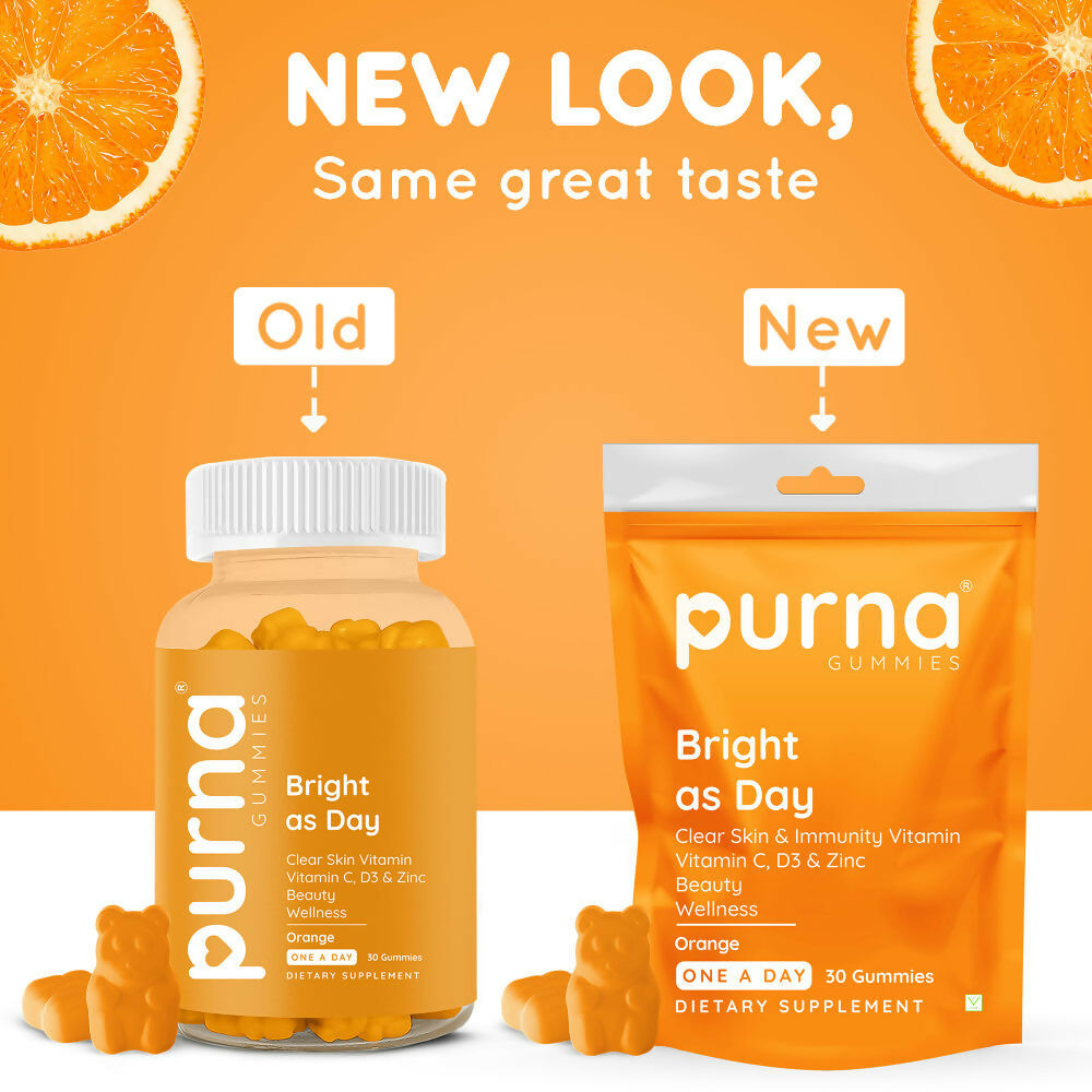 Purna Gummies Vitamin C Orange Gummies with Vitamin D3, and Zinc for Immunity & Clear Skin 