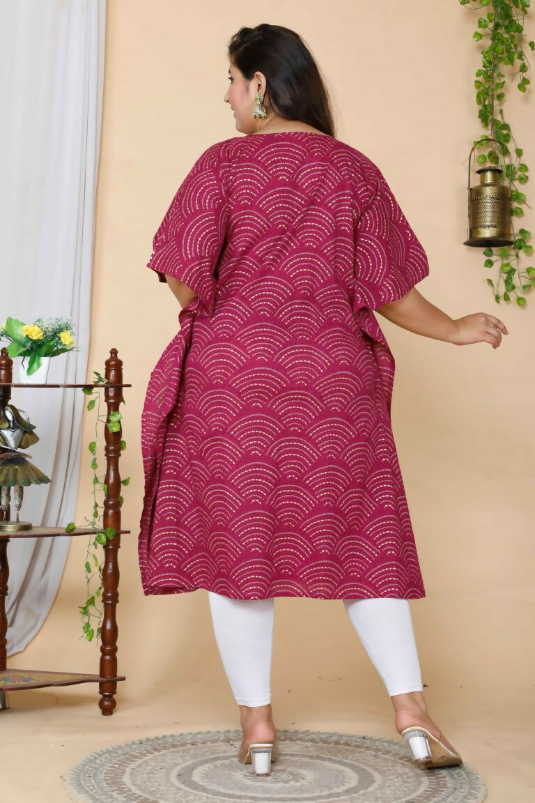 Miravan Women's Plus Size Magenta Bandhani Printed Cotton Kaftan Kurta