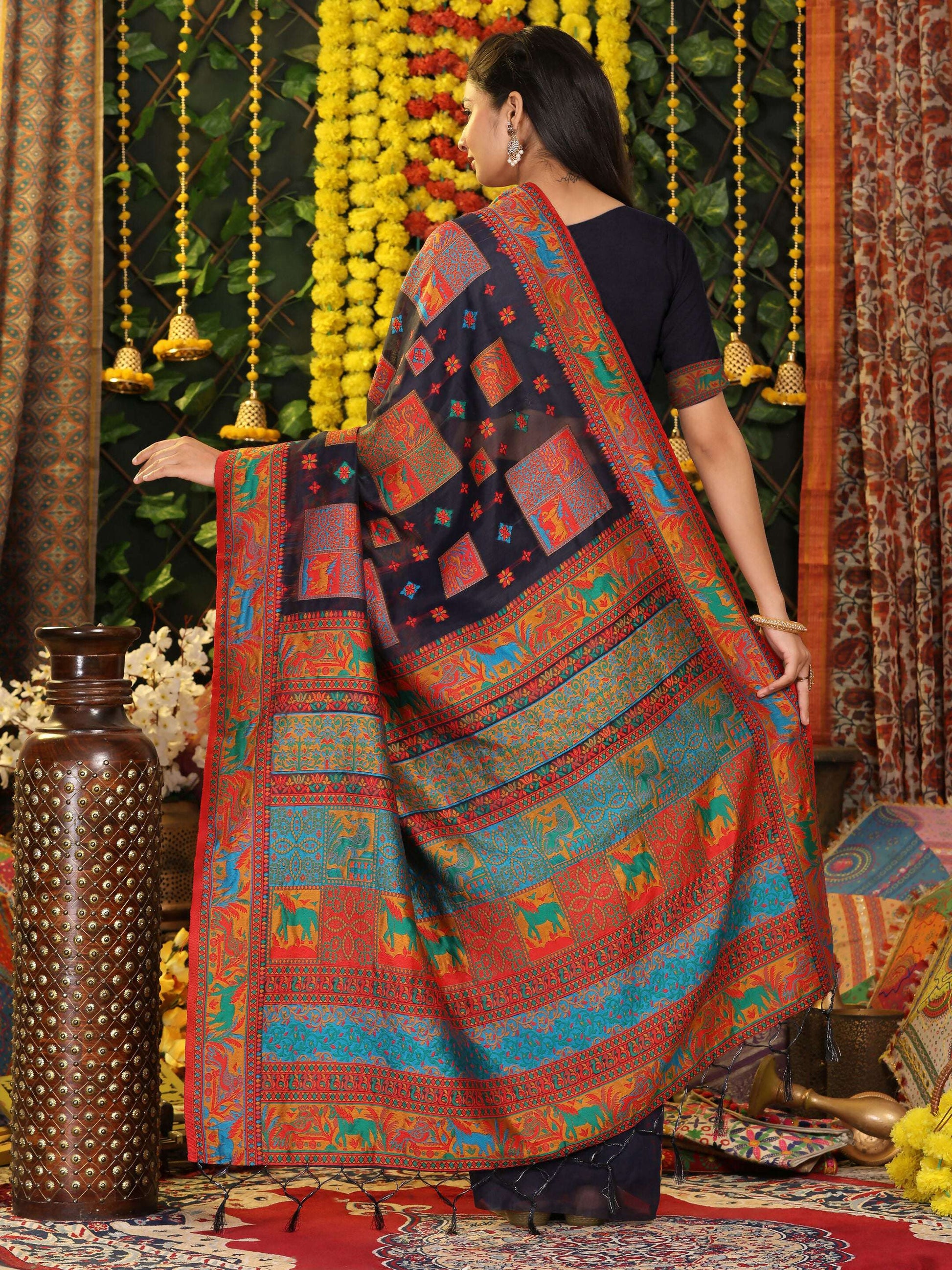 Shree Shyam Fashion Linen Cotton Navy Blue Saree