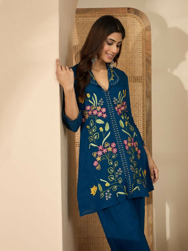 Joban Fashion Women Blue Roman Silk Embroidered Stitched Kurta Set