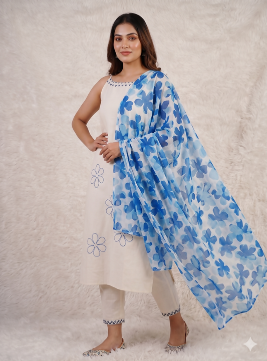 Teeya Creation Women’s Off-White Straight Cotton Kurta Pant Set with Floral Organza Dupatta Set