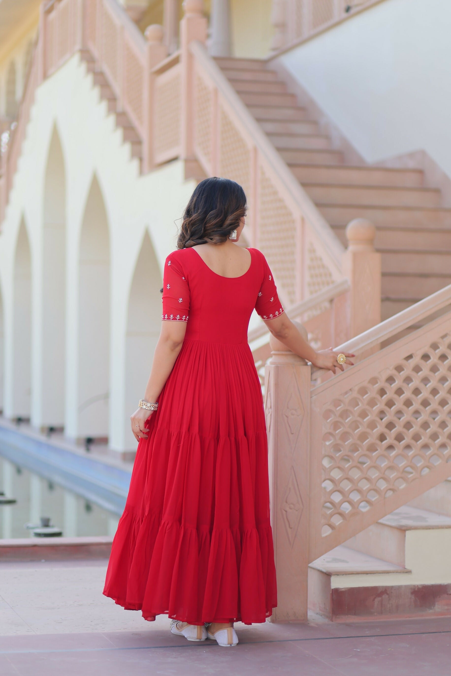 Joban Fashion Red Georgette Sequence Embroidery Work Gown
