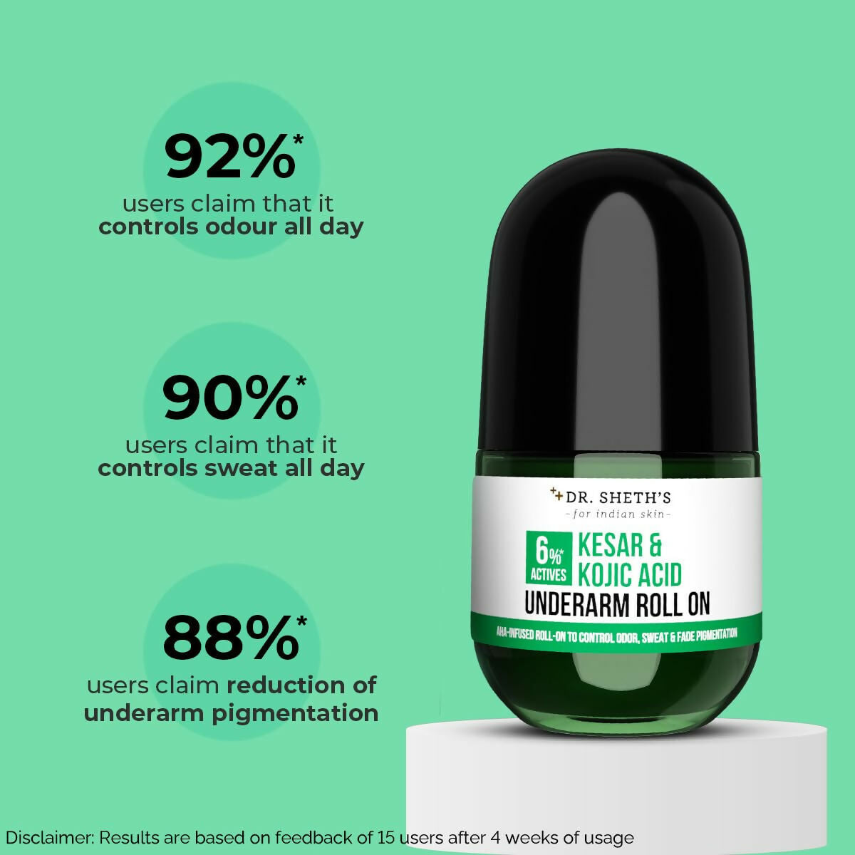 Dr. Sheth's Kesar & Kojic Acid Underarm Roll-on 6% Actives -AHA, Kojic Acid & Niacinamide, Controls Body Odor, Sweat & Fade Pigmentation 