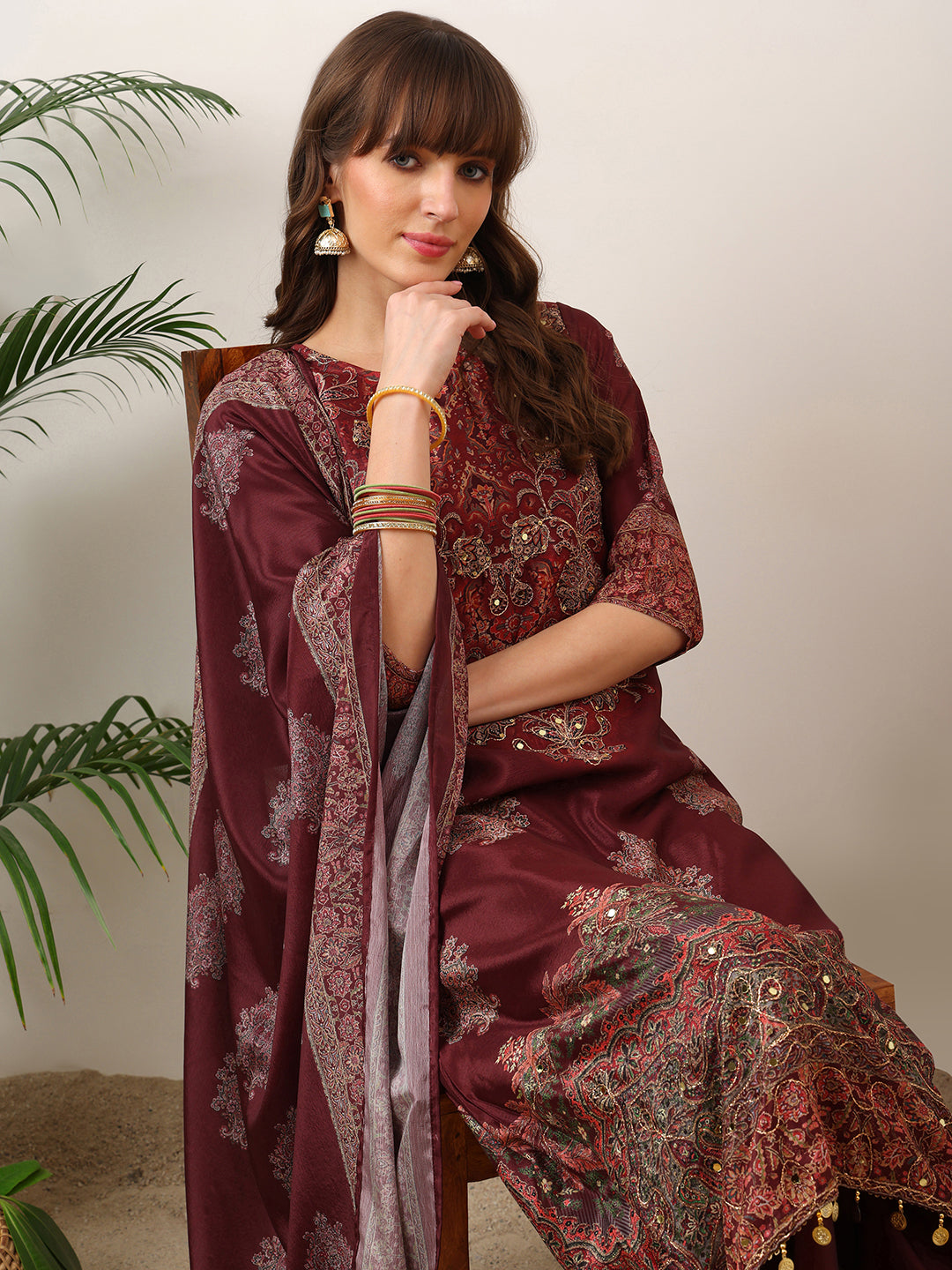 Embroidered & Printed Kurta With Palazzo & Printed Dupatta, Maroon - Hiral Fashion