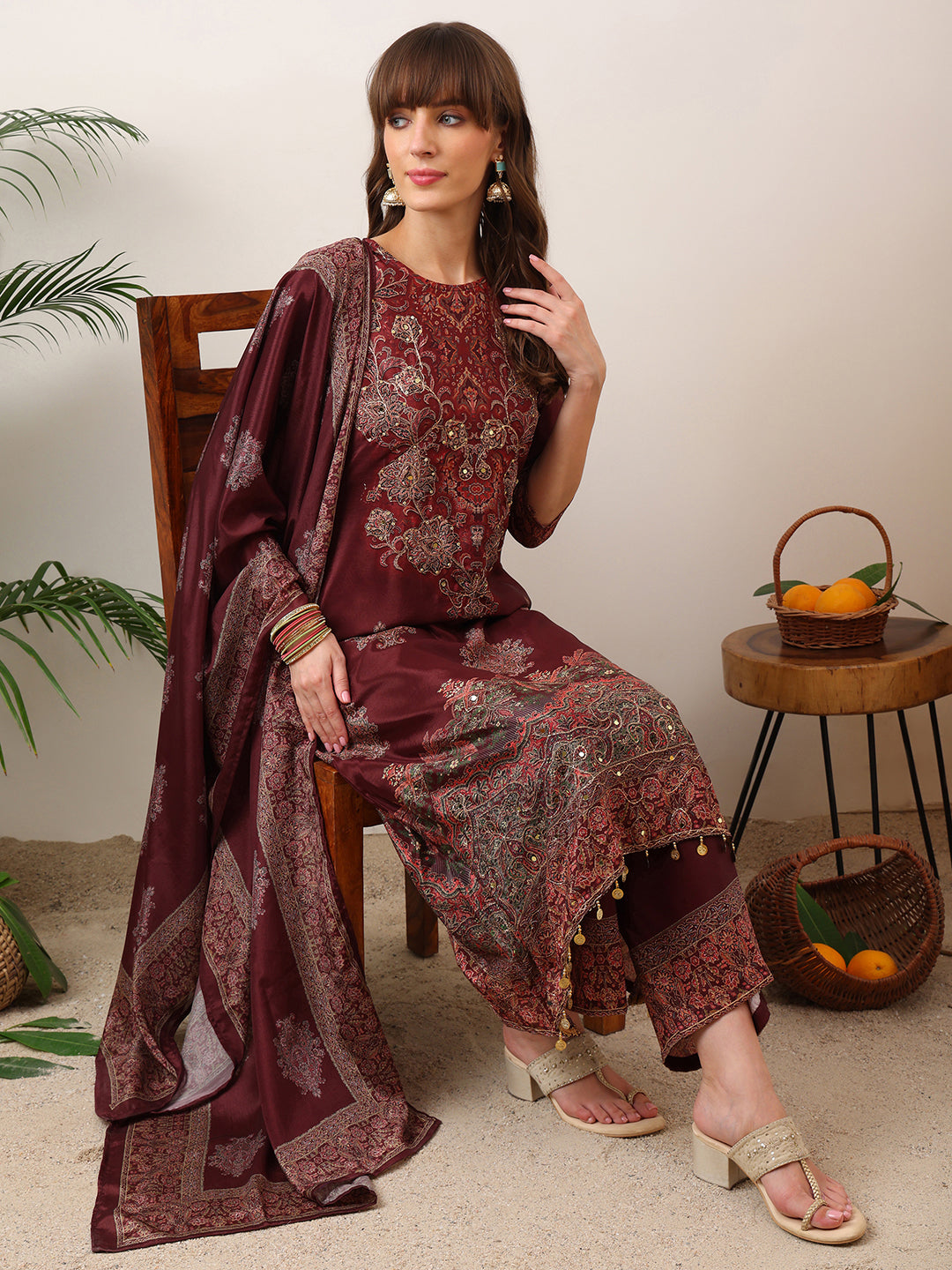 Embroidered & Printed Kurta With Palazzo & Printed Dupatta, Maroon - Hiral Fashion