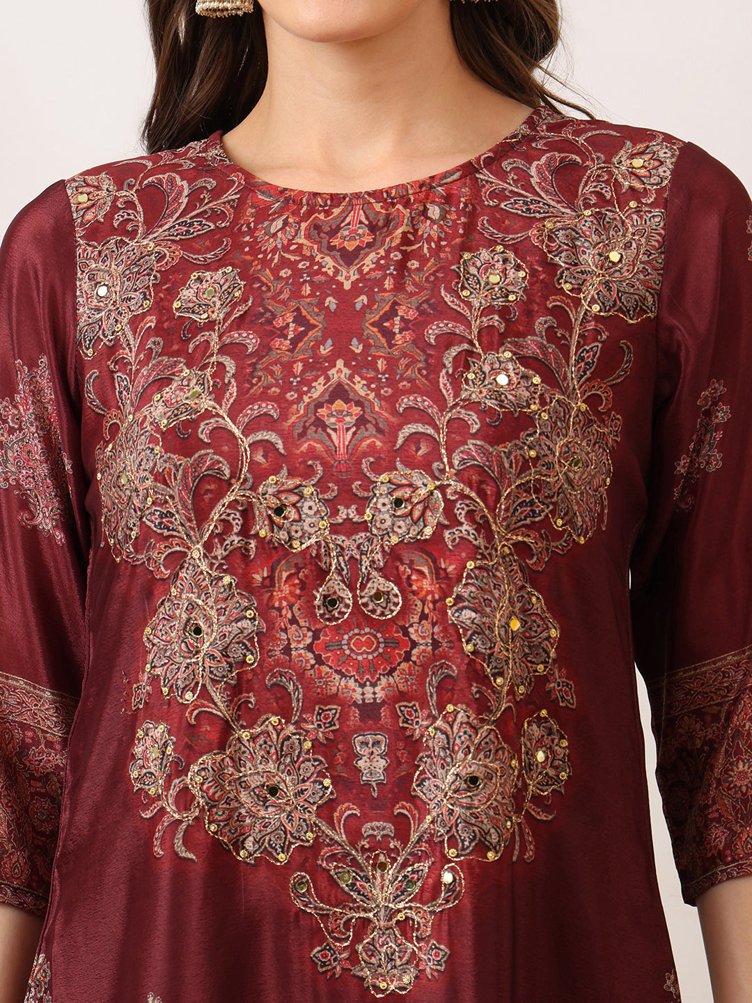 Embroidered & Printed Kurta With Palazzo & Printed Dupatta, Maroon - Hiral Fashion