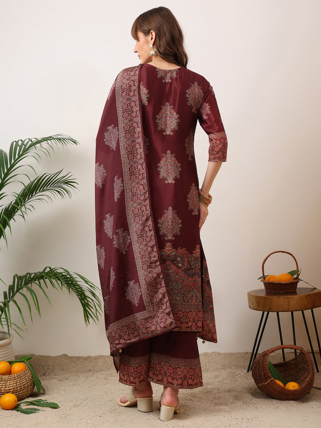 Embroidered & Printed Kurta With Palazzo & Printed Dupatta, Maroon - Hiral Fashion