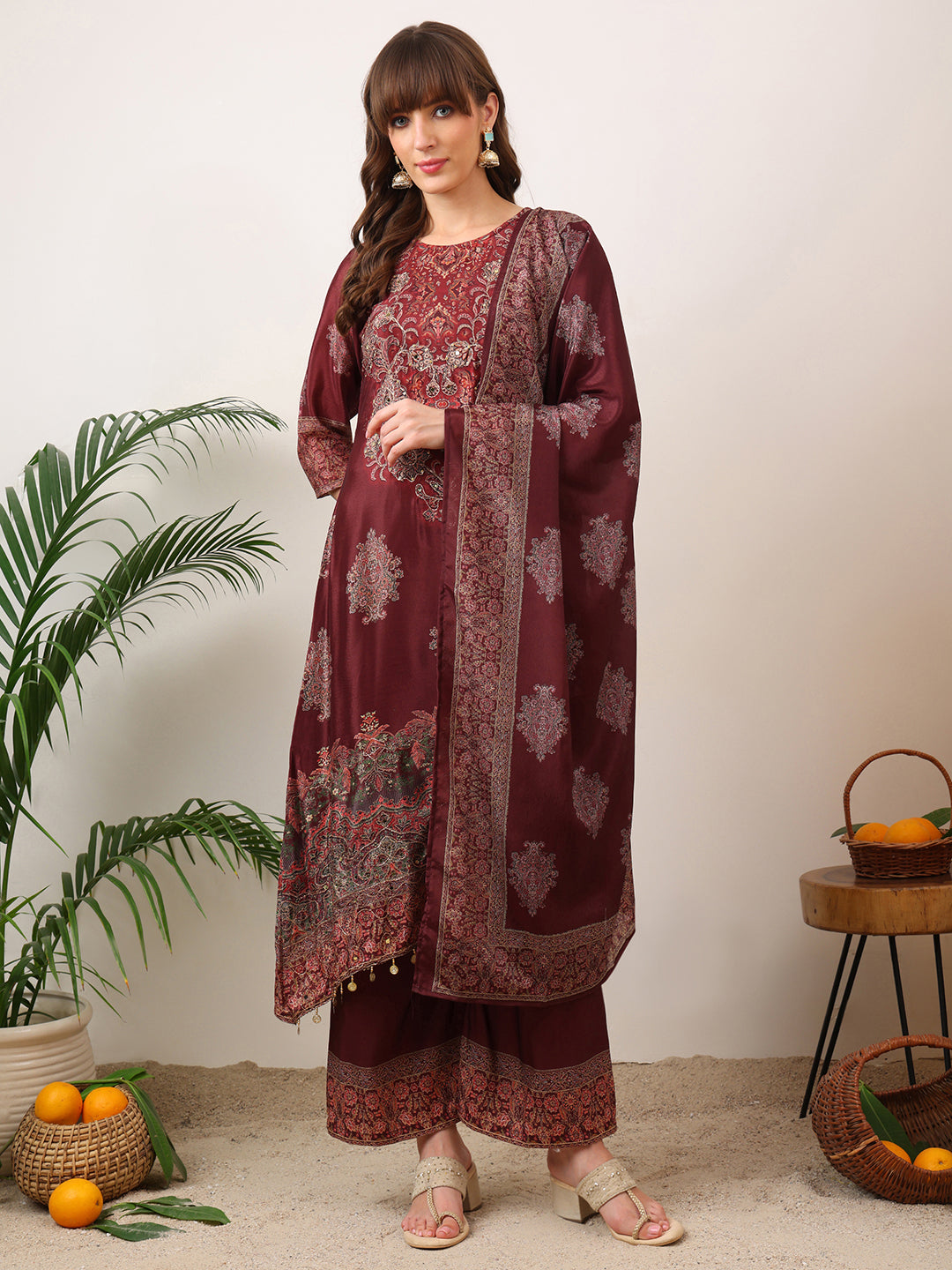 Embroidered & Printed Kurta With Palazzo & Printed Dupatta, Maroon - Hiral Fashion
