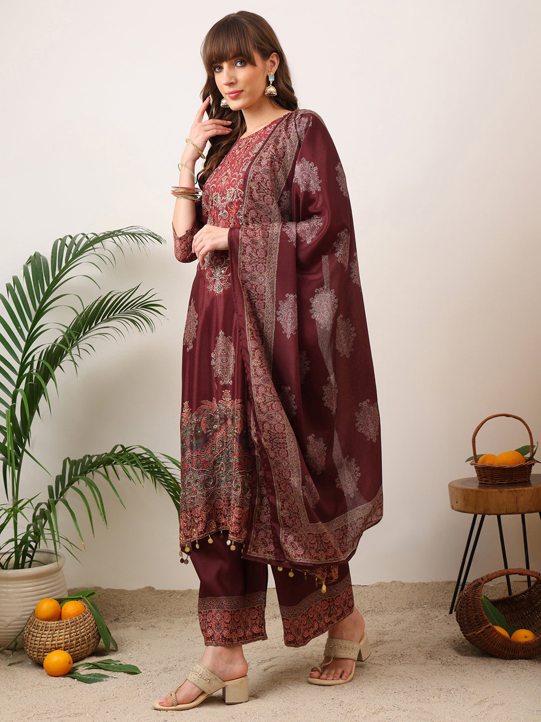 Embroidered & Printed Kurta With Palazzo & Printed Dupatta, Maroon - Hiral Fashion