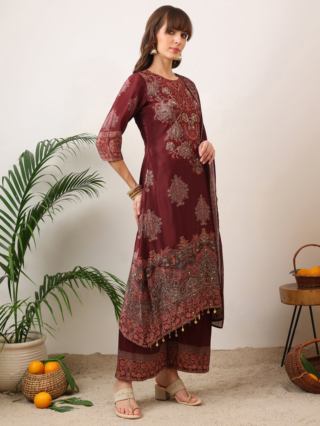 Embroidered & Printed Kurta With Palazzo & Printed Dupatta, Maroon - Hiral Fashion