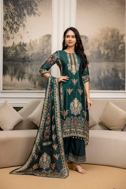 Embroidered & Printed Kurta With Palazzo & Printed Dupatta, Teal - Hiral Fashion