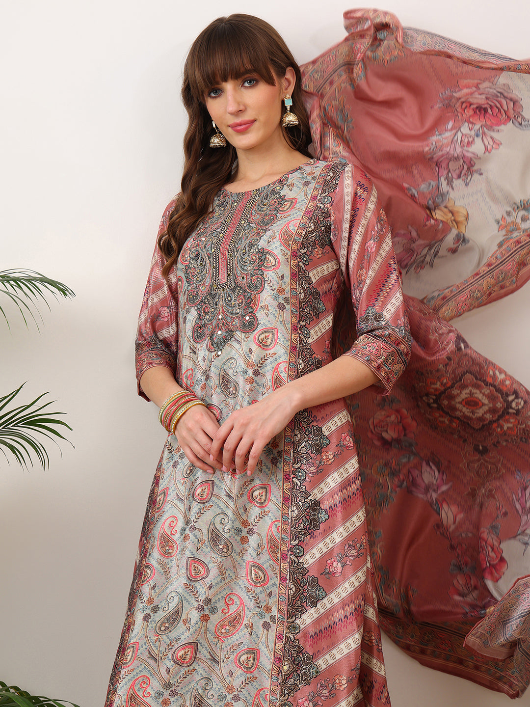 Embroidered & Printed Asymmetric Kurta With Palazzo & Printed Dupatta, Pink - Hiral Fashion