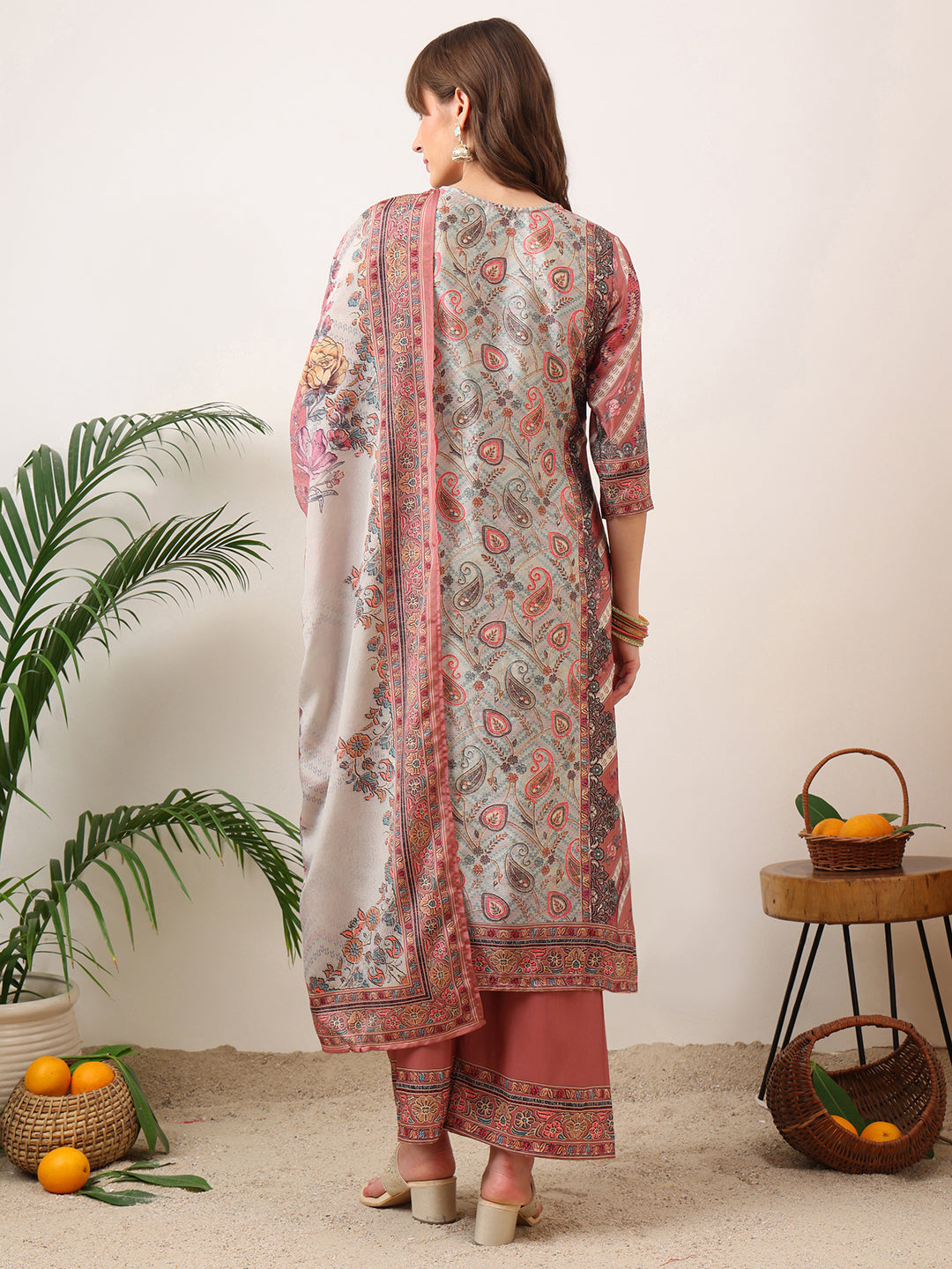 Embroidered & Printed Asymmetric Kurta With Palazzo & Printed Dupatta, Pink - Hiral Fashion