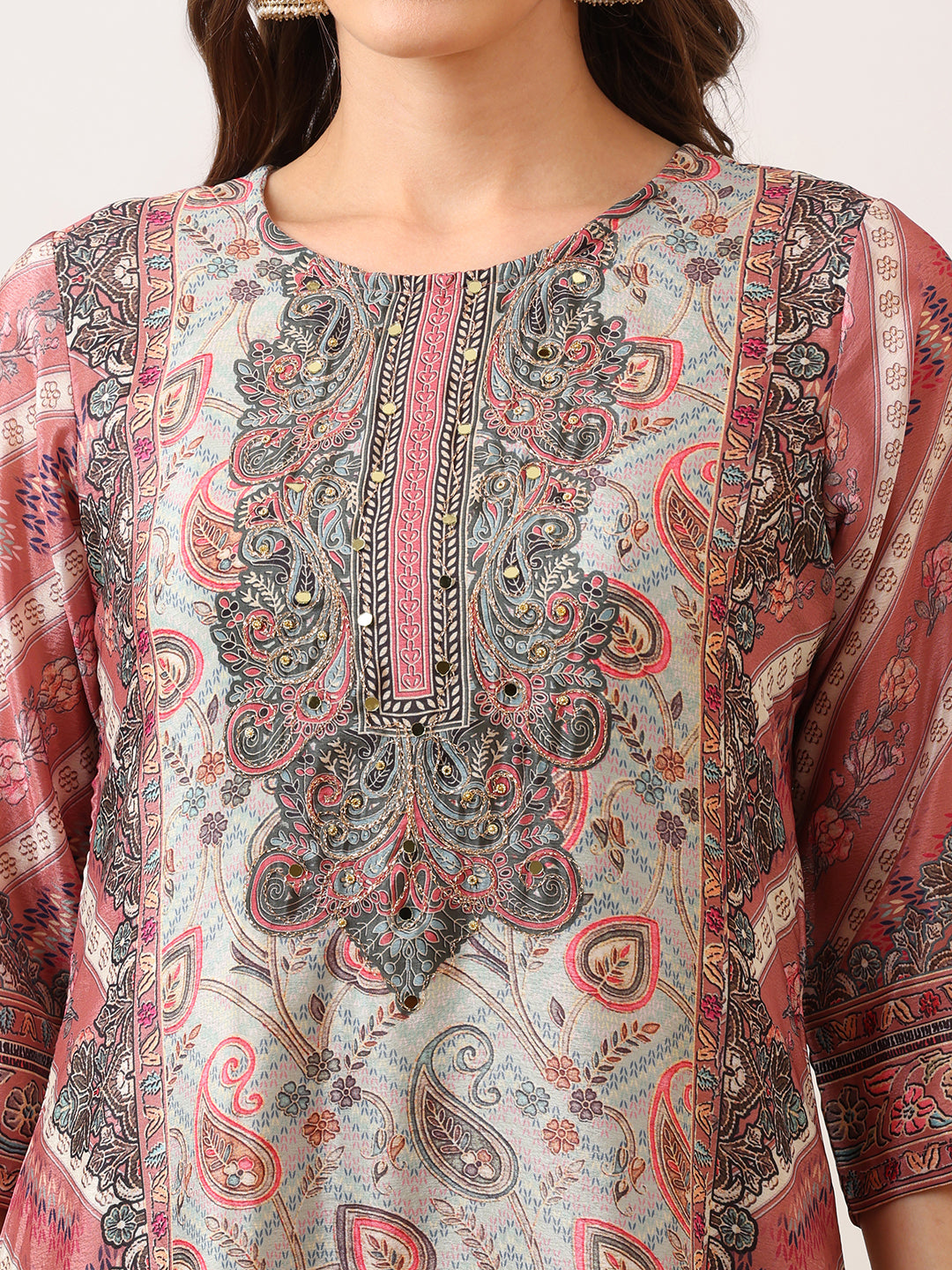 Embroidered & Printed Asymmetric Kurta With Palazzo & Printed Dupatta, Pink - Hiral Fashion