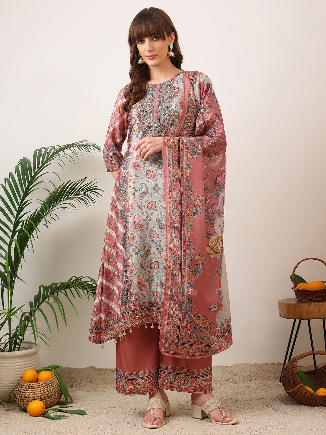 Embroidered & Printed Asymmetric Kurta With Palazzo & Printed Dupatta, Pink - Hiral Fashion