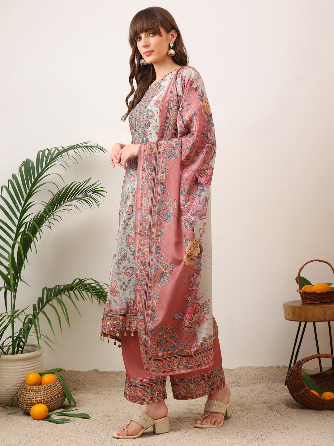 Embroidered & Printed Asymmetric Kurta With Palazzo & Printed Dupatta, Pink - Hiral Fashion