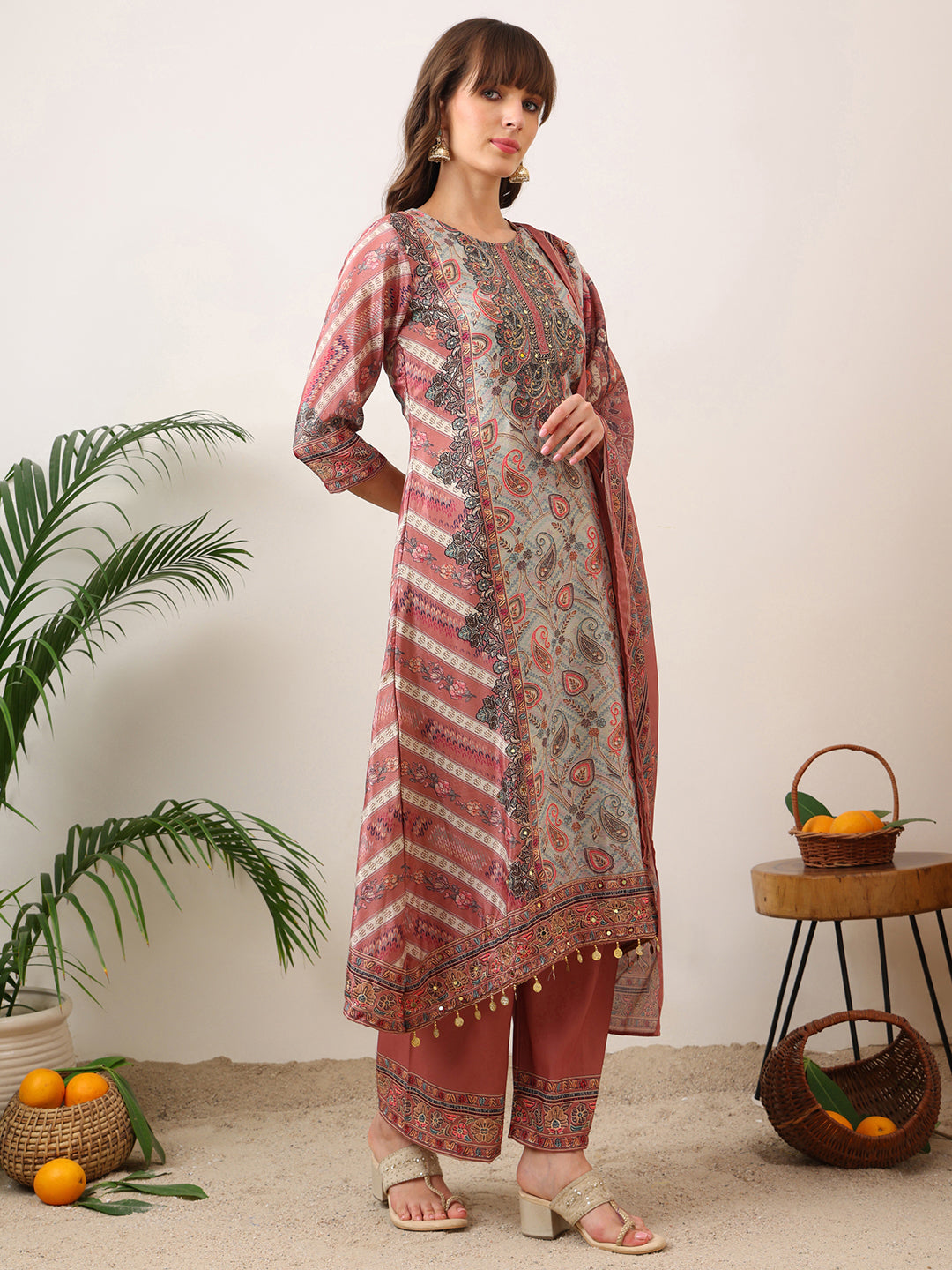 Embroidered & Printed Asymmetric Kurta With Palazzo & Printed Dupatta, Pink - Hiral Fashion