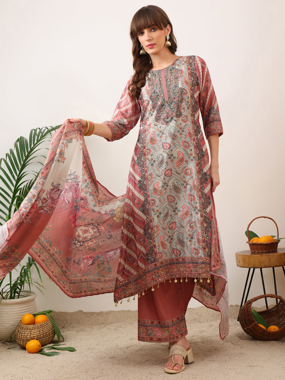 Embroidered & Printed Asymmetric Kurta With Palazzo & Printed Dupatta, Pink - Hiral Fashion