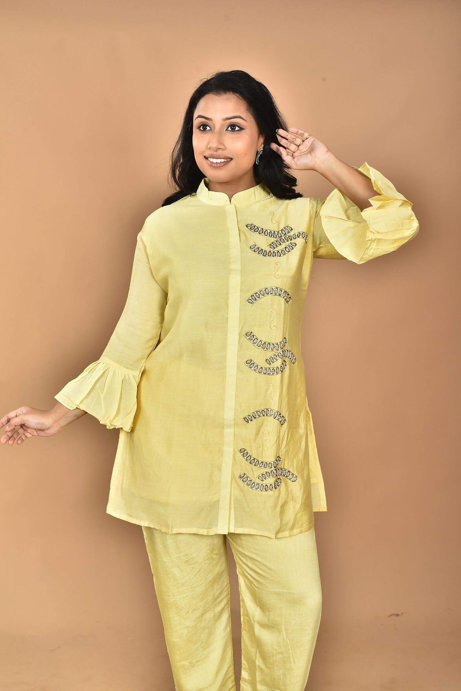 Morchari Women Hand Embroidery Co-Ords-Yellow 