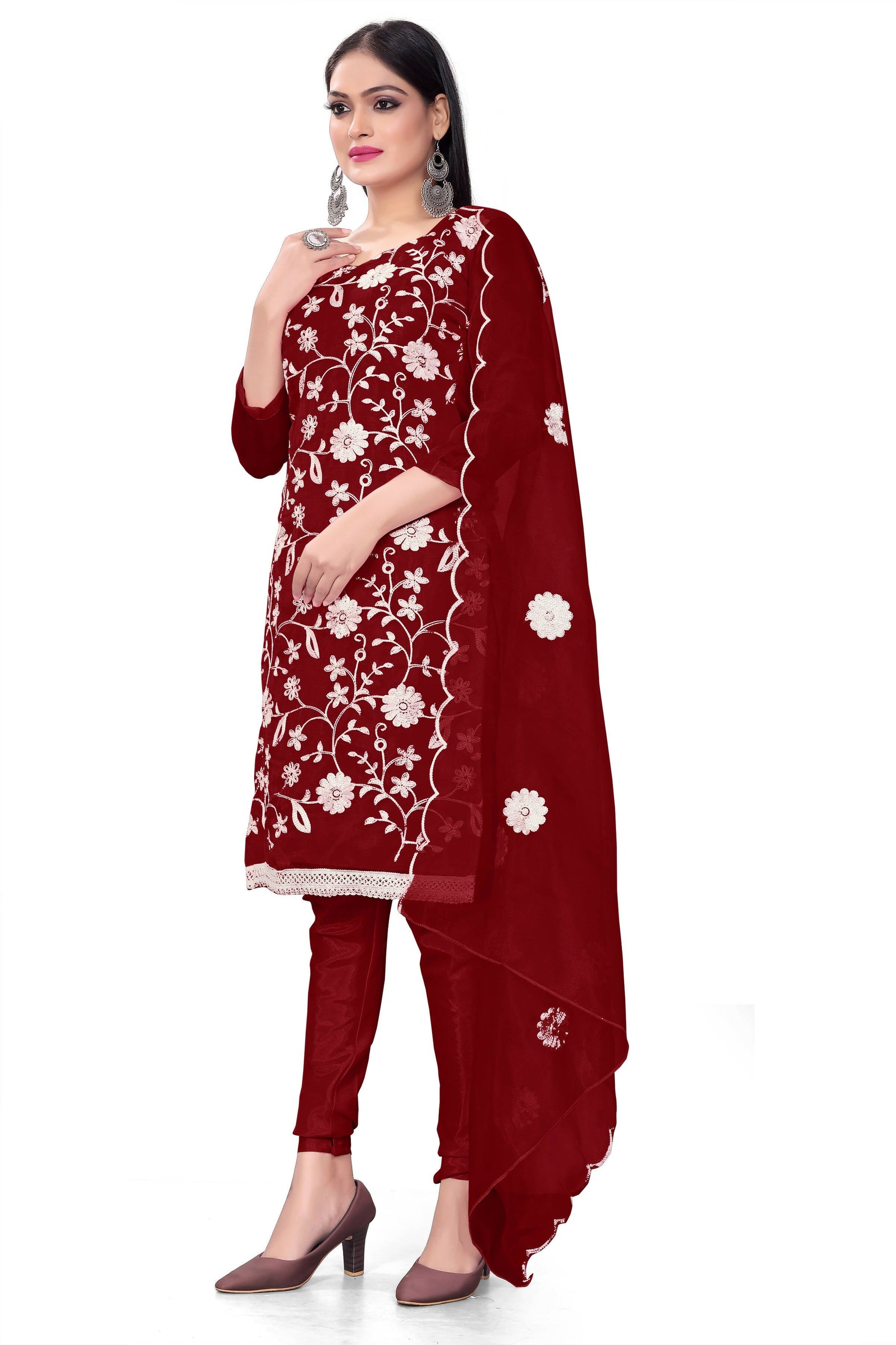 Maroon Organza Silk Embroidered Work Unstitched Dress Material - Tanvi