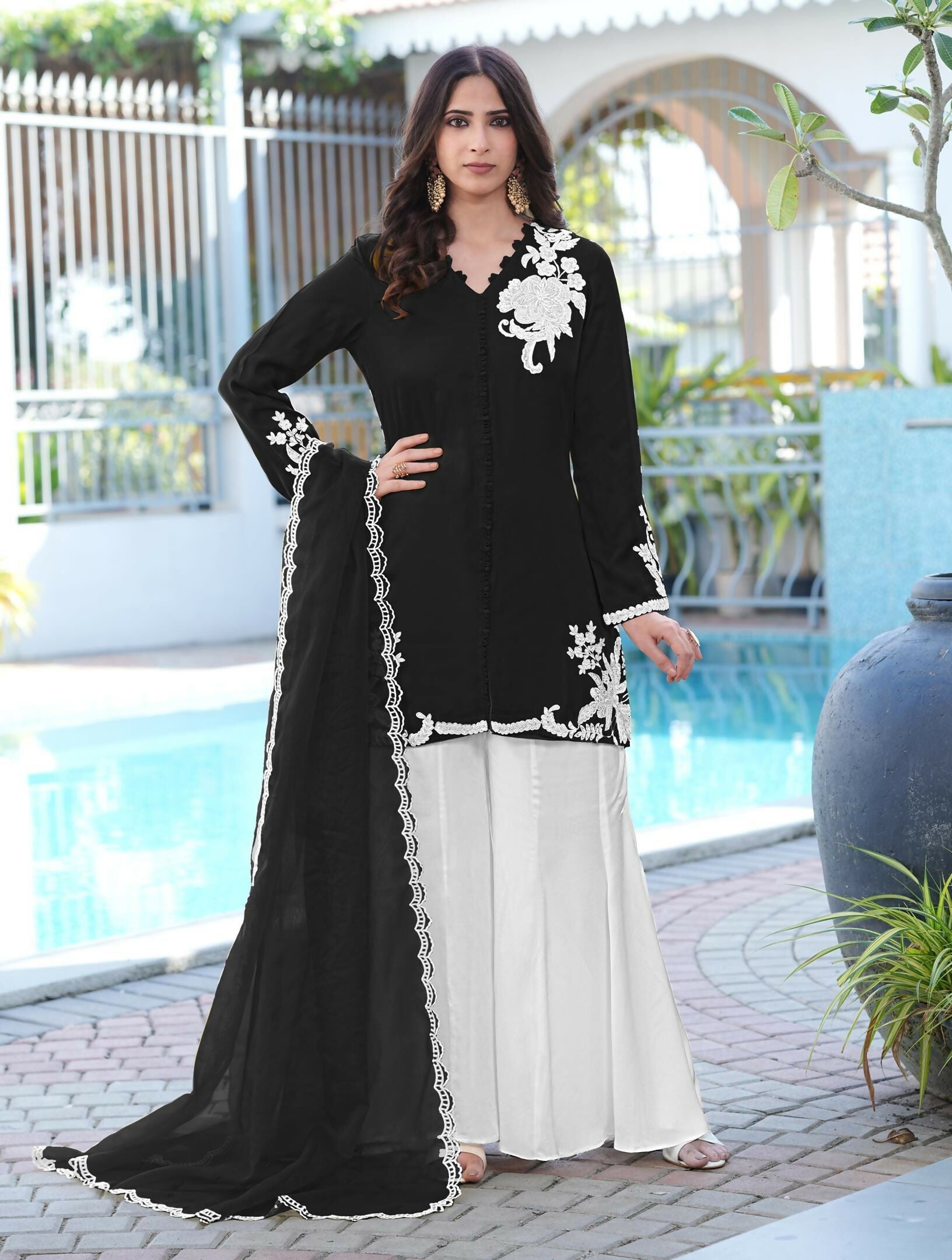 Nikhaar Black Embroidered Modal Silk Stitched Straight Cut Kurta Kalidar Palazzo Dupatta Readymade Suit