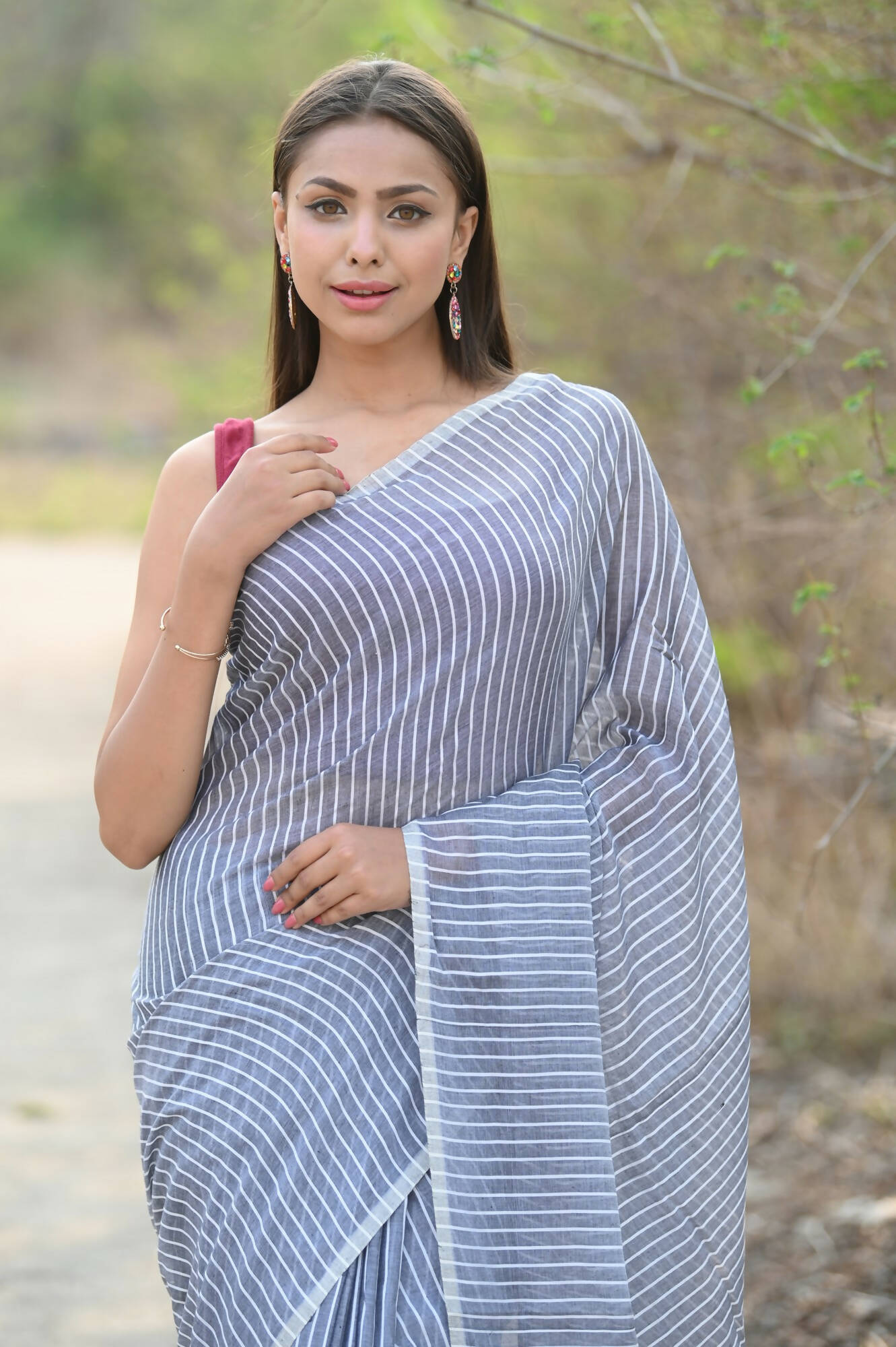 Very Much Indian Designer Pure Cotton Saree With All Over Linear Stripes - Sage Grey - Grab2buy