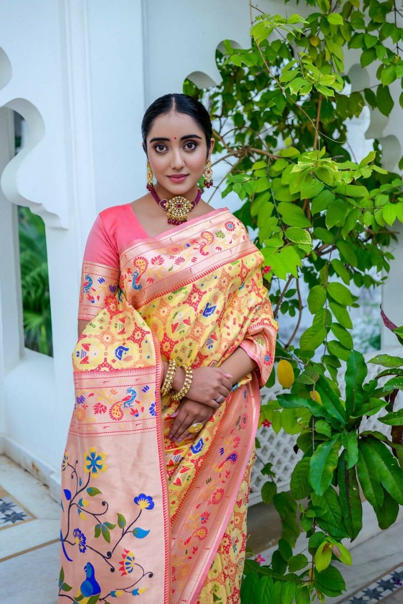 Aastha Fashion Yellow Woven Paithani Silk Saree with Blouse - Grab2buy