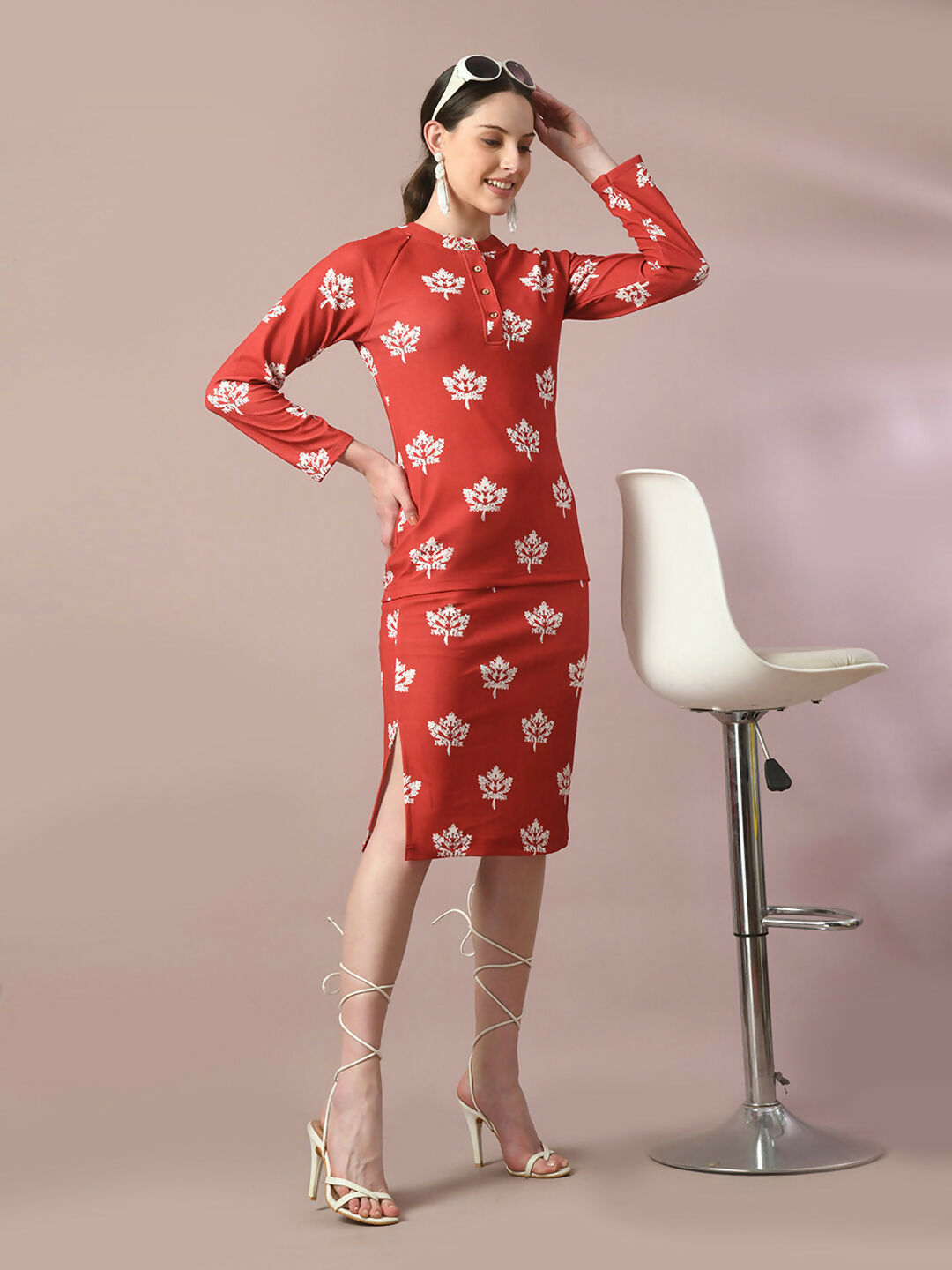 Myshka Women's Rust Printed Round Neck Party Top With Skirt Co-ord set 