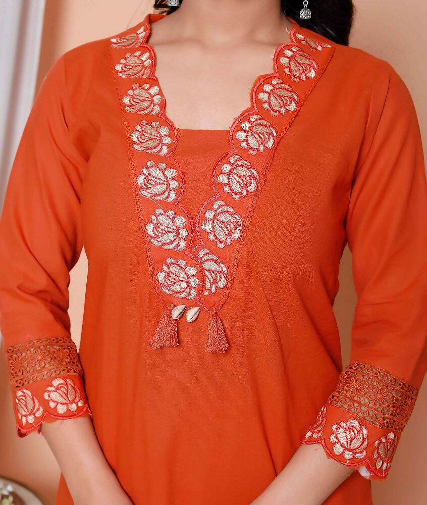 Miravan Womens Embroidered Cotton Kurta With Palazzo & Dupatta Set