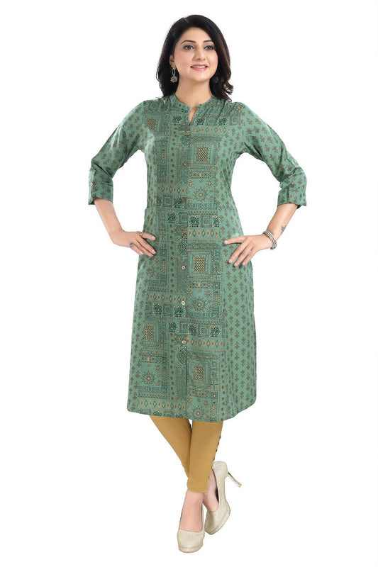 Snehal Creations Pleasing Pista Green Rayon Print Long Kurta For Women