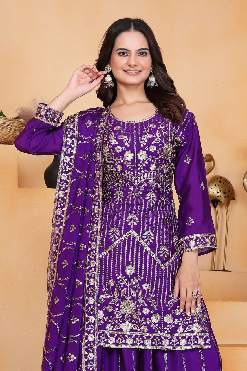 Joban Fashion Purple Silk Embroidered Sharara Set