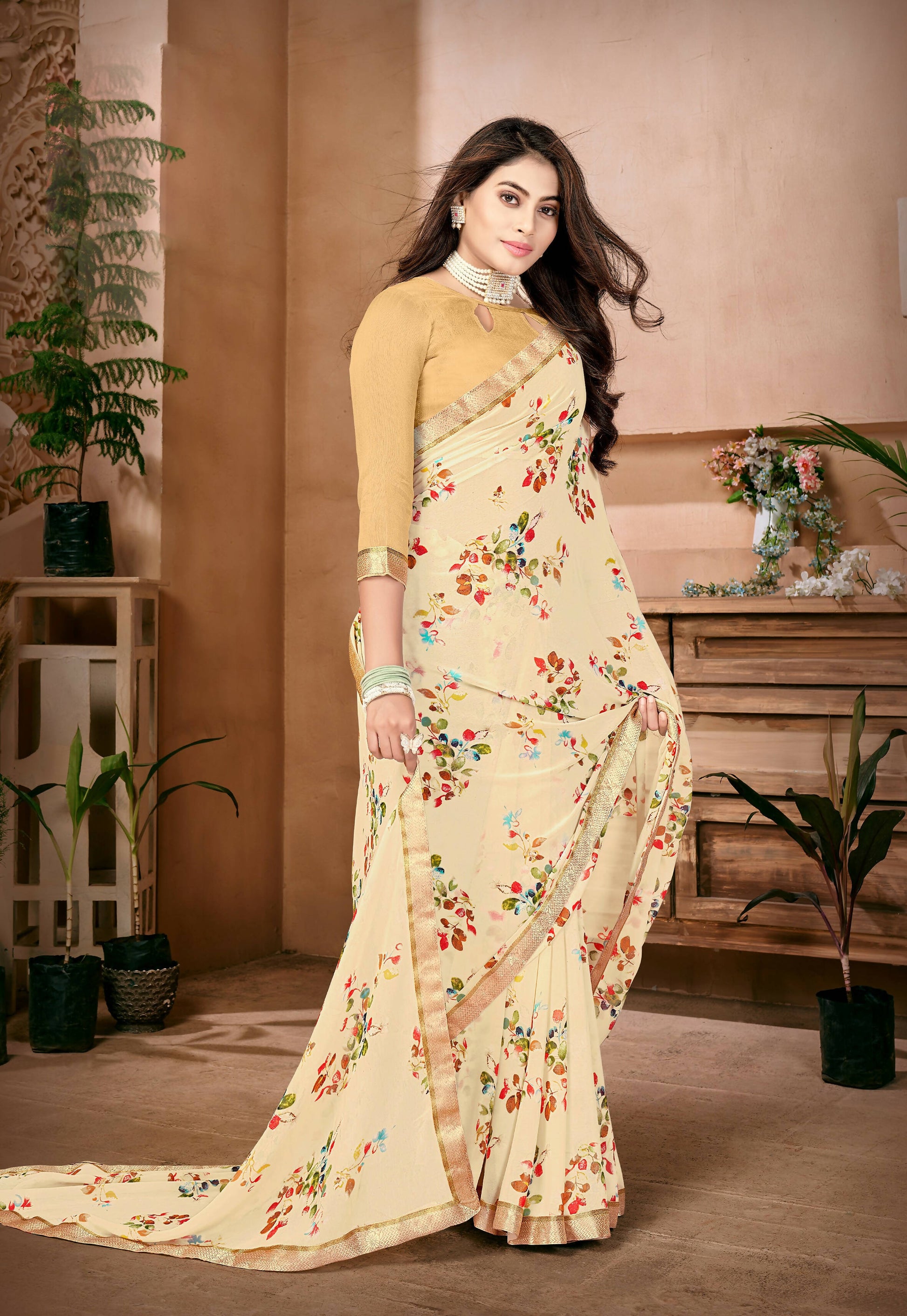 Cream Georgette Floral Printed Saree With Unstitched Blouse Piece - Jyoti
