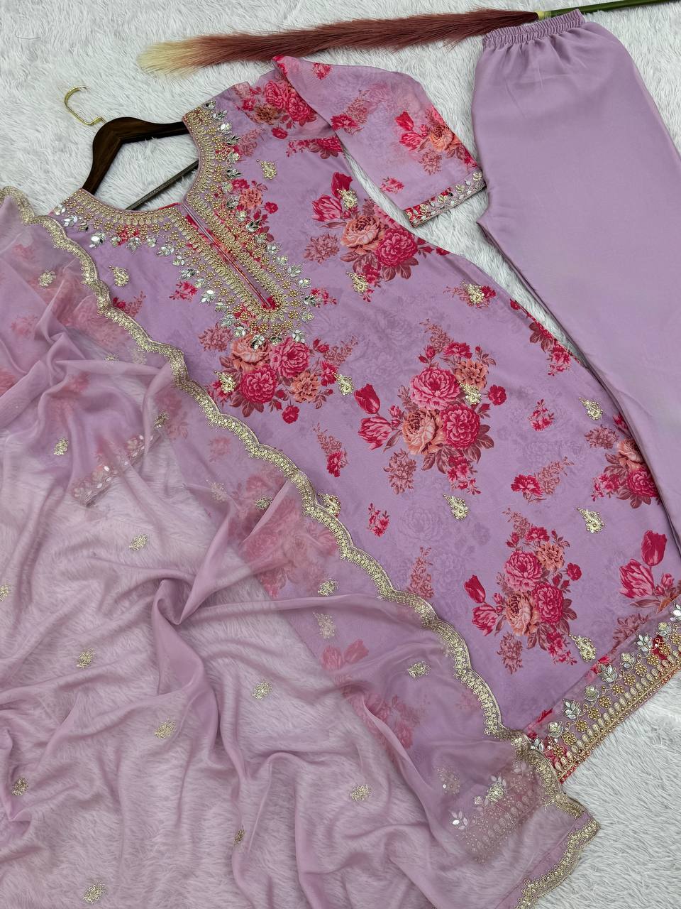 Prazu Fashion Lavender Organza Embroidery Coding Sequin Salwar Suit