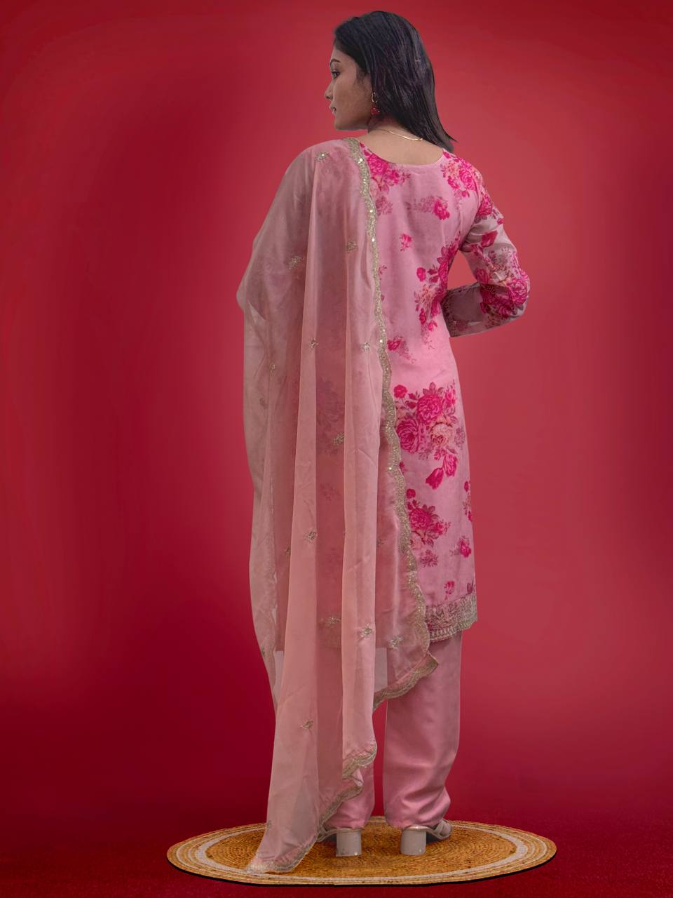 Prazu Fashion Peach Organza Embroidery Coding Sequin Salwar Suit
