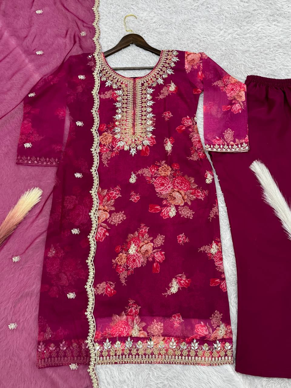 Prazu Fashion Red Organza Embroidery Coding Sequin Salwar Suit