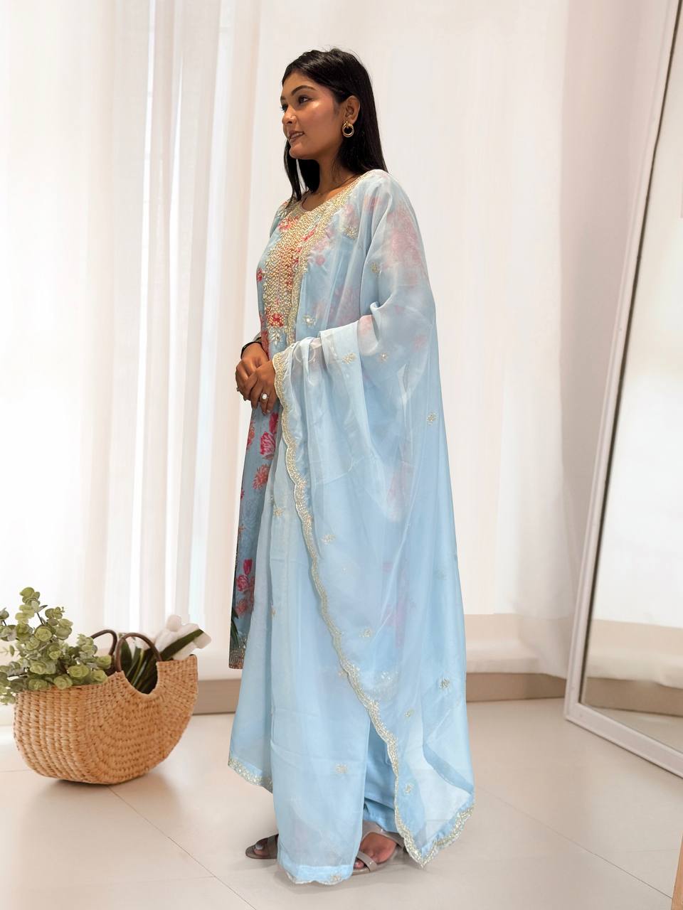 Prazu Fashion Sky Blue Organza Embroidery Coding Sequin Salwar Suit