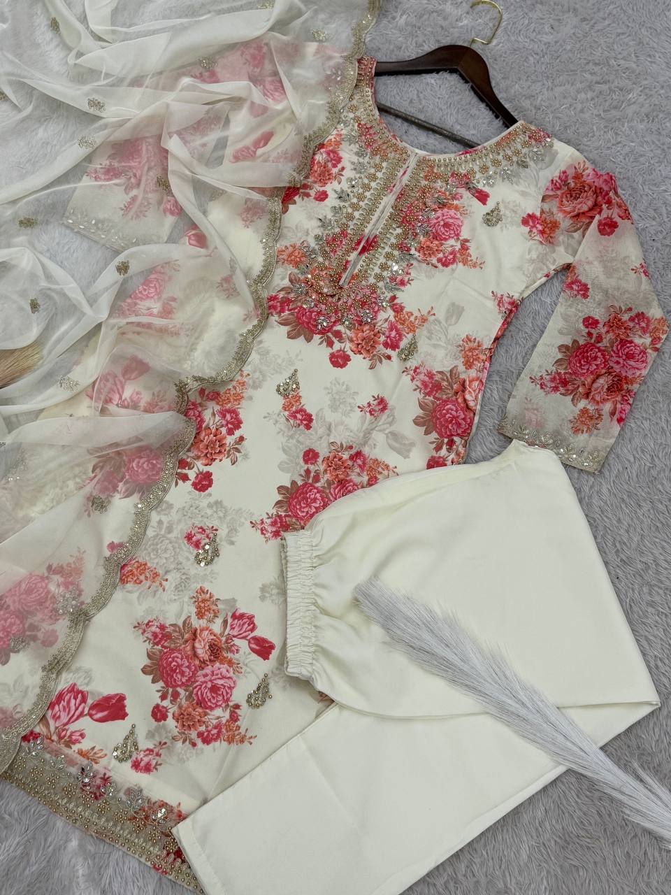 Prazu Fashion White Organza Embroidery Coding Sequin Salwar Suit