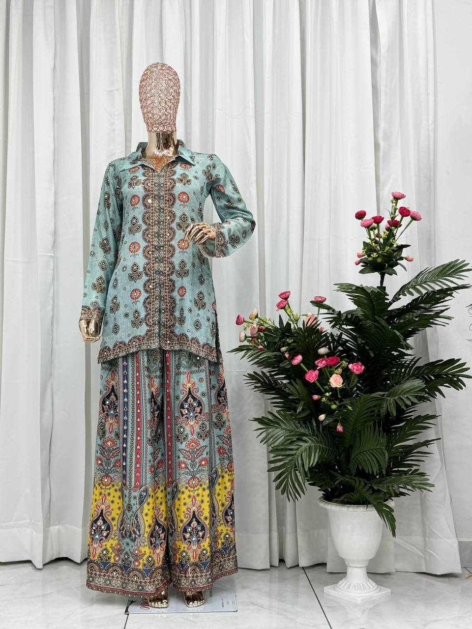 Prazu Fashion Sky Blue Chinon Silk Digital Printed Palazzo Suit