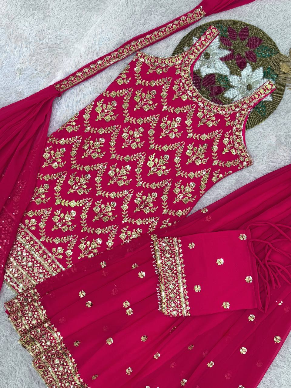 Prazu Fashion Pink Georgette Embroidered Sequin Palazzo Suit
