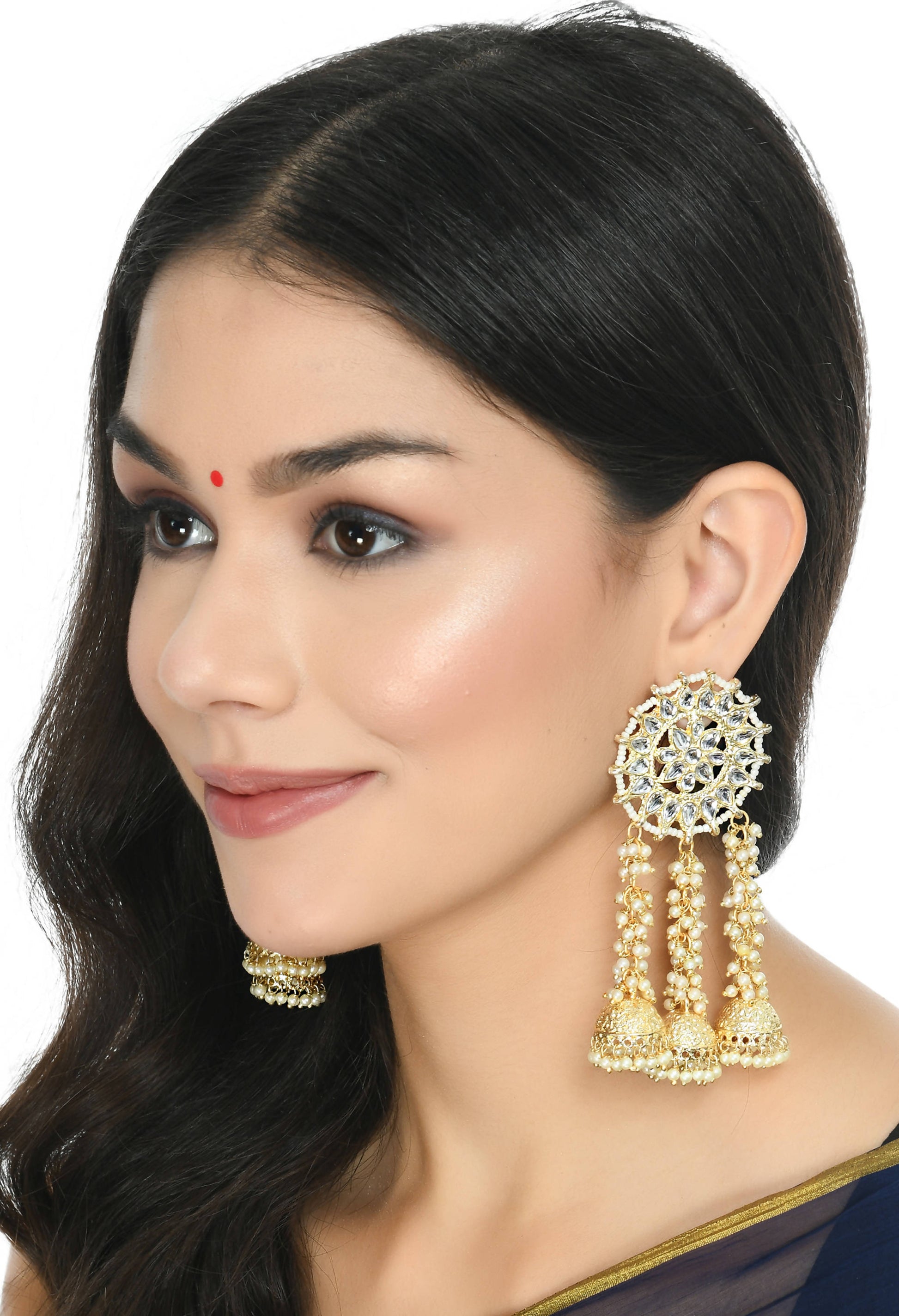 Mominos Fashion Johar Kamal Golden Plated Earrings With Kundan & Pearls - Grab2buy