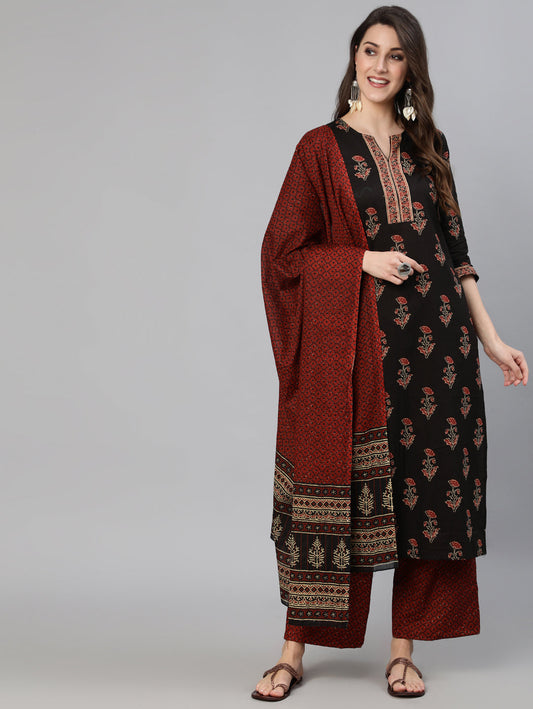NOZ2TOZ Women Black & Maroon Floral Printed Straight Kurta With Palzzo And Dupatta - Grab2buy