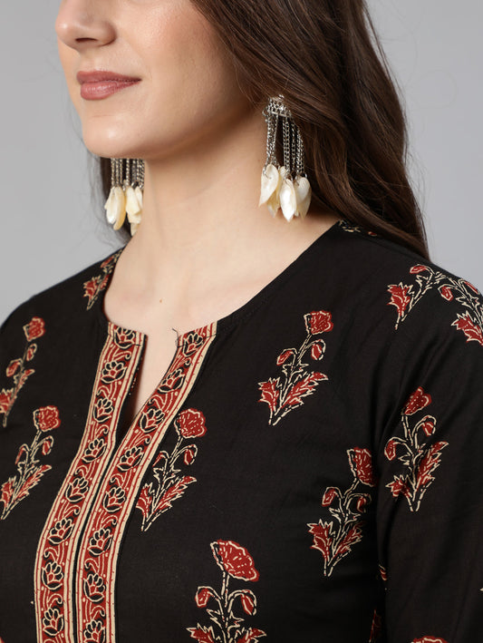 NOZ2TOZ Women Black & Maroon Floral Printed Straight Kurta With Palzzo And Dupatta - Grab2buy