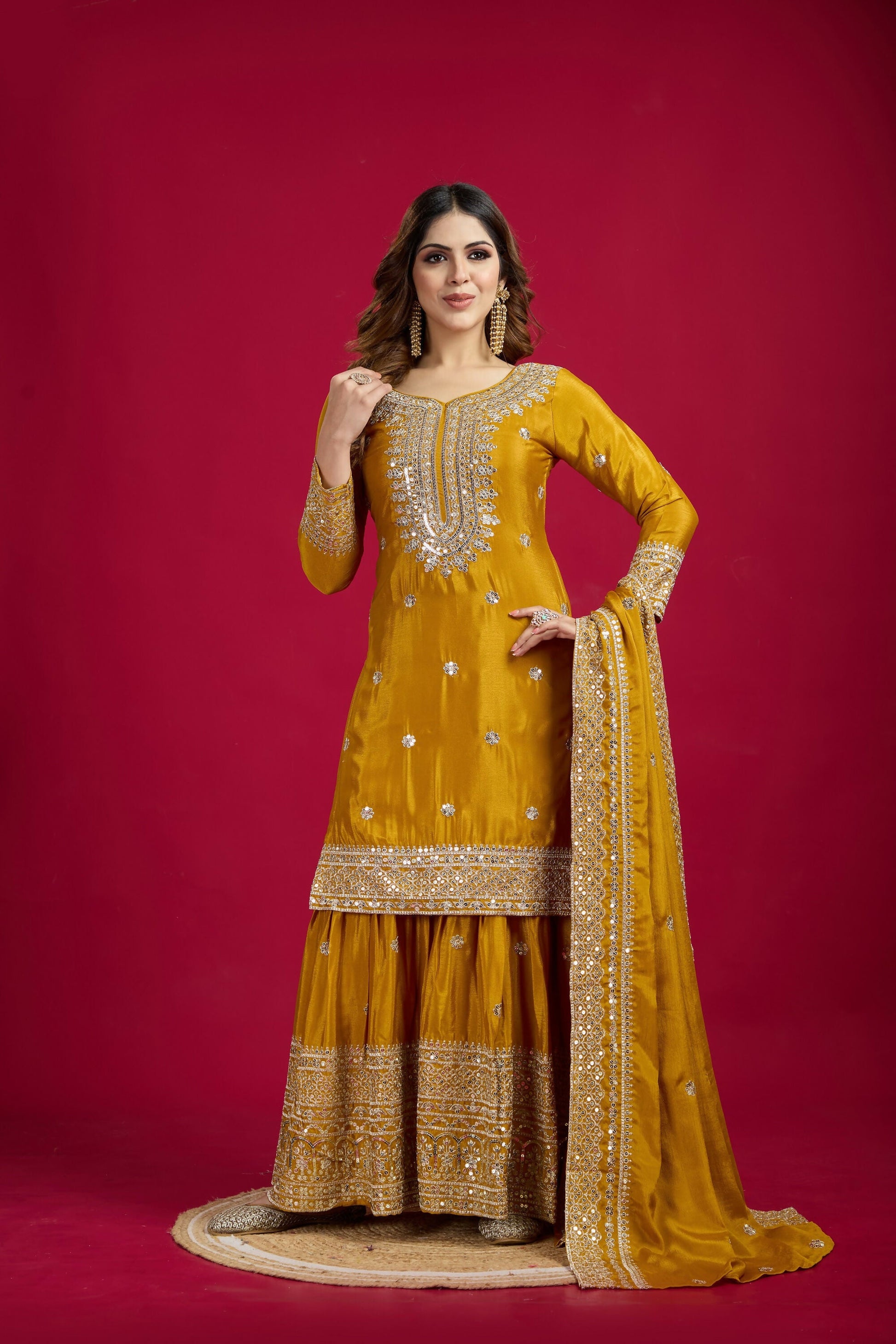Joban Fashion Yellow Kurta Set Silk Sequins , Zari, Coding & Thread Embroidered work