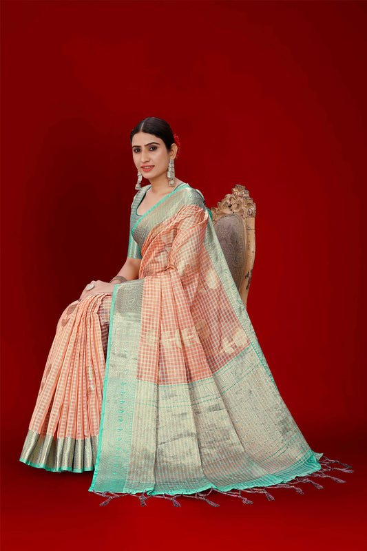 Orange Soft Organza Woven Design Saree With Unstitched Blouse Piece - Zaara