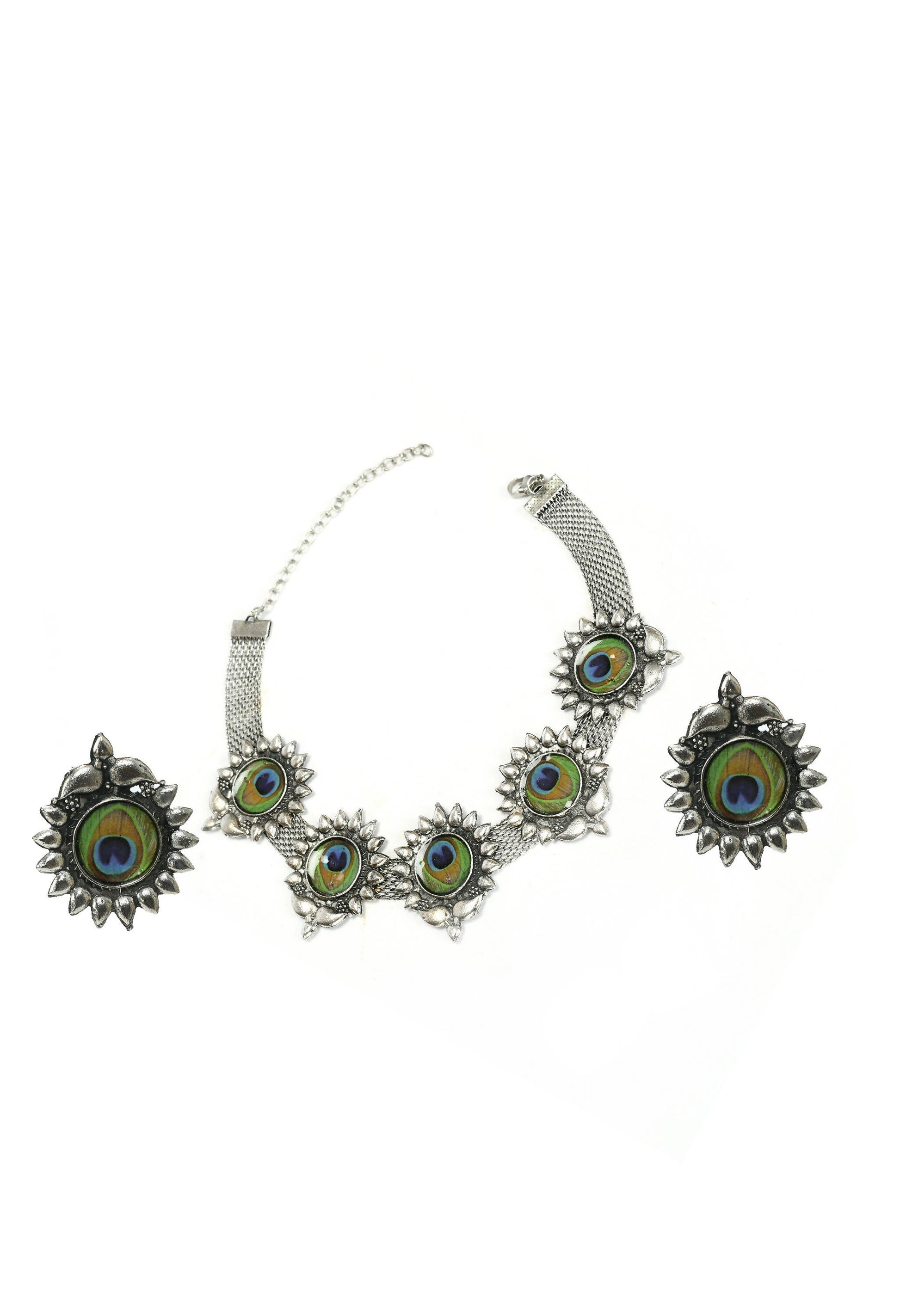 Mominos Fashion Johar Kamal Oxidised Silver-Plated Peacock Wings Work Necklace Handicraft - Grab2buy