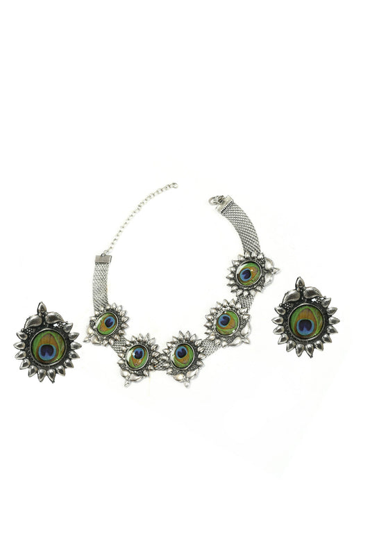 Mominos Fashion Johar Kamal Oxidised Silver-Plated Peacock Wings Work Necklace Handicraft - Grab2buy