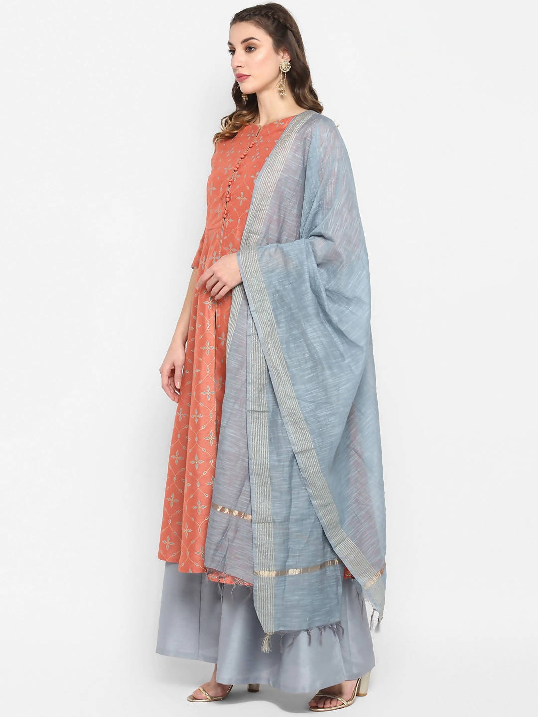 Janasya Women Peach & Grey Floral Print Anarkali Kurta with Palazzos & Dupatta