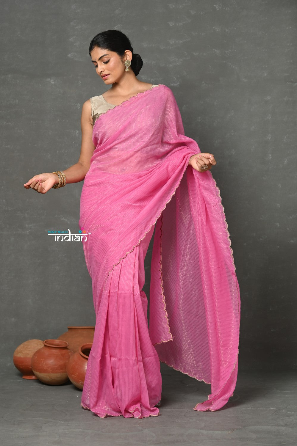 Very Much Indian Mul Cotton Zari Design Handloom Woven Saree - Heather Pink | Swadesiicart