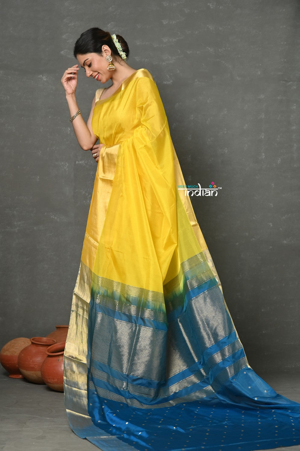 Very Much Indian Tyohaar - Handloom Pure Chanderi Cotton Silk Saree With Golden Border - Yellow | Swadesiicart